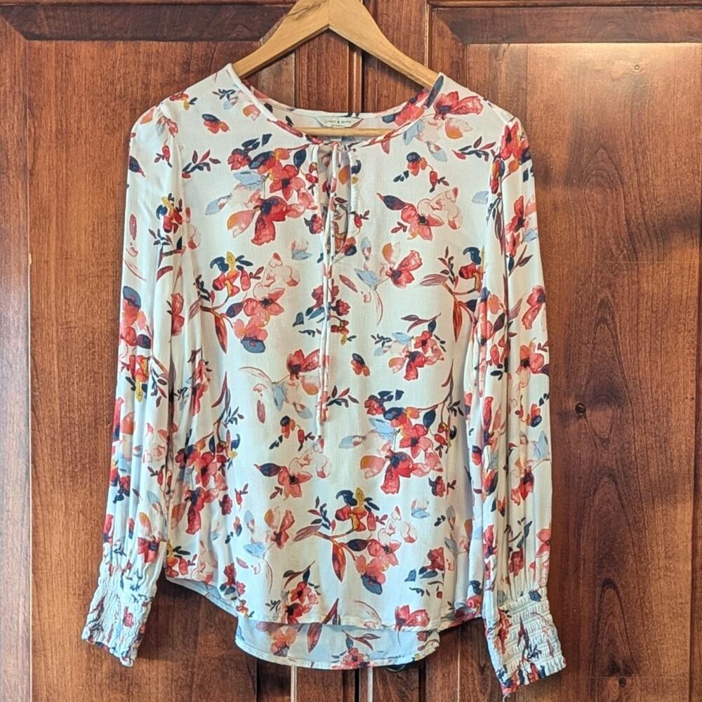 Lucky Brand Ava Watercolor Floral Tie Neck Peasant Blouse Medium